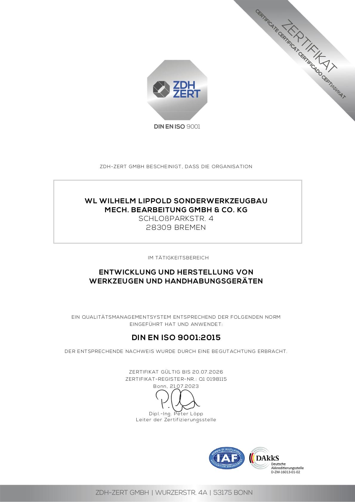DIN EN ISO 9001 Zertifikat Wilhelm Lippold Sonderwerkzeugbau