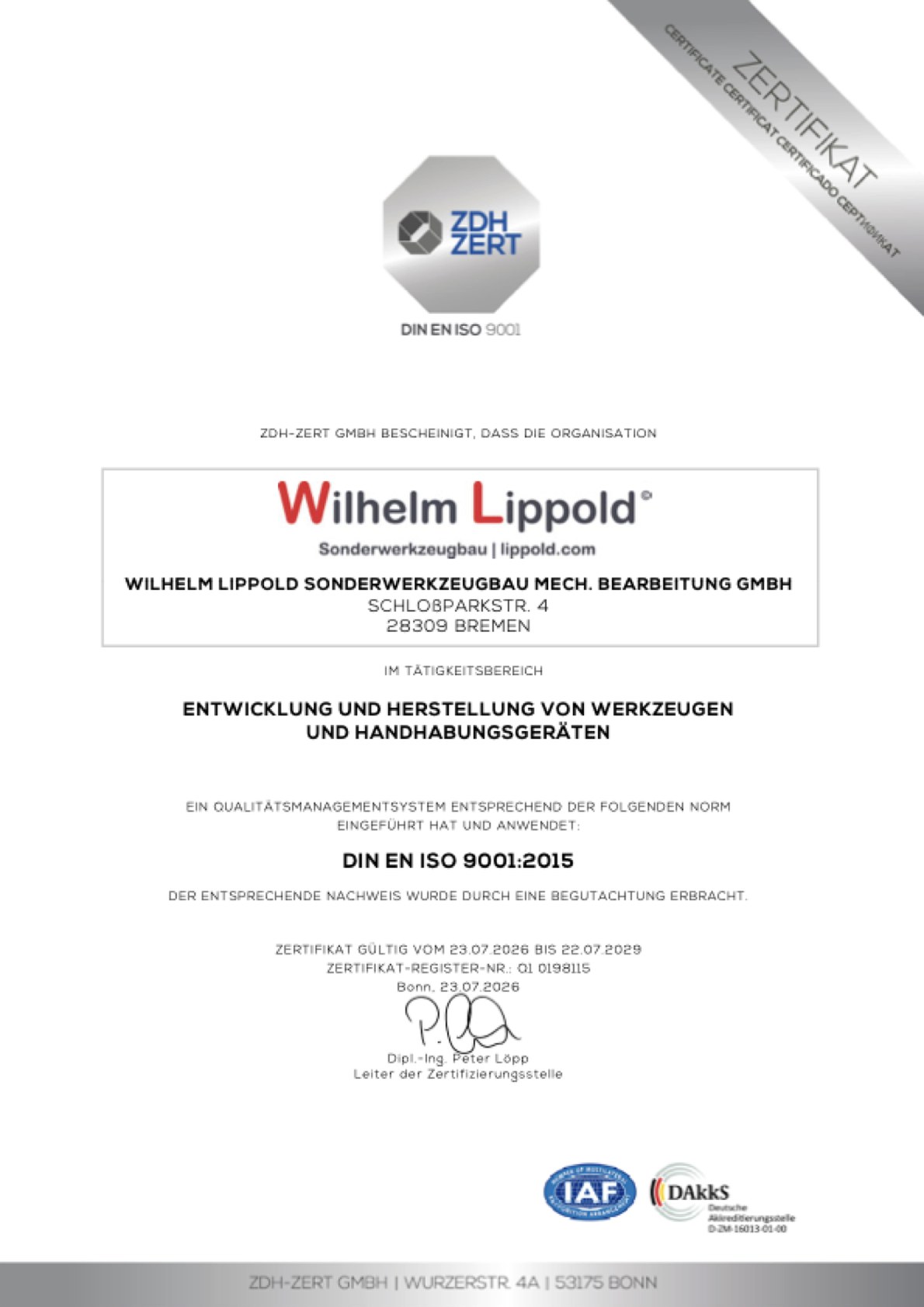 DIN EN ISO 9001 Zertifikat Wilhelm Lippold Sonderwerkzeugbau